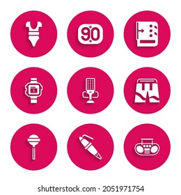 Set Microphone, Fountain pen nib, Home stereo with two speakers, Short or pants, Lollipop, Wrist watch, Sound mixer controller and Swimsuit icon. Vector