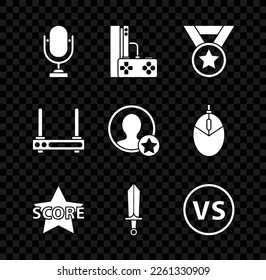 Ajuste el micrófono, consola de juegos con joystick, Medal, Star, Sword para el juego, VS Versus, señal de enrutador y wi-fi y Premium crear un icono de pantalla de cuenta. Vector