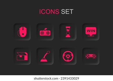 Set Microphone, Game controller or joystick, Computer mouse, Racing simulator, Medal, Old hourglass and Chest for game icon. Vector
