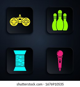Set Microphone, Gamepad, Sewing thread on spool and Bowling pin. Black square button. Vector