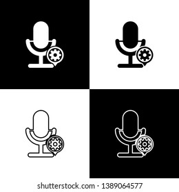 Set Microphone and gear icons isolated on black and white background. Adjusting app, service concept, setting options, maintenance, repair, fixing. Vector Illustration