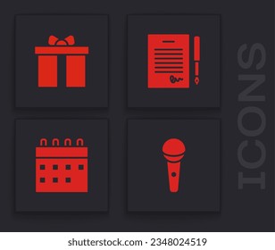 Set Microphone, Gift box, Marriage contract and Calendar icon. Vector