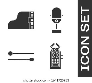 Set Microphone, Grand piano, Drum sticks and Microphone icon. Vector