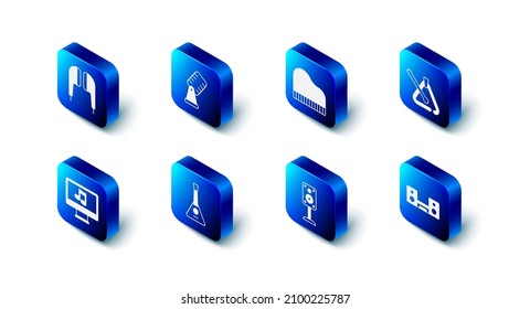 Set Microphone, Grand piano, Triangle musical instrument, Home stereo with two speakers, Stereo, Balalaika, Computer note and Air headphones icon. Vector