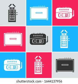 Set Microphone, Guitar amplifier and Music tape player icon. Vector