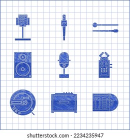 Set Microphone, Guitar amplifier, Vinyl disk, Music CD player, Stereo speaker, Drum sticks and stand icon. Vector