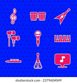 Set Microphone, Guitar, Music note, tone, synthesizer, Drum and drum sticks, Air headphones, Electric bass guitar and Treble clef icon. Vector