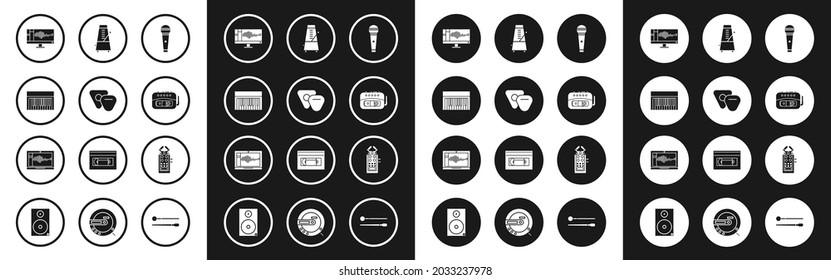 Set Microphone, Guitar pick, Music synthesizer, Sound or audio recorder monitor, tape player, Metronome with pendulum in motion,  and laptop icon. Vector