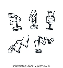 Set of microphone hand drawn doodle different icon for podcast and speech equipment vector line illustration