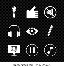 Set Microphone, Hand like, Speaker mute, Dislike in speech bubble, Pause button, Music note, tone, Headphones and Eye icon. Vector