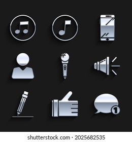 Set Microphone, Hand like, Speech bubble chat, Speaker volume, Pencil with eraser, Add to friend, Smartphone, mobile and Music note, tone icon. Vector