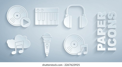 Set Microphone, Headphones, Music streaming service, Vinyl disk, synthesizer and  icon. Vector