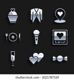 Set Microphone, Heart, Bow tie, Photo frames and hearts, Glass of champagne, Plate, fork knife, Location with and Wedding cake icon. Vector