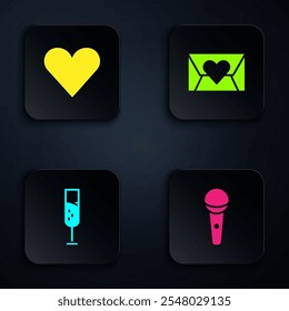 Set Microphone, Heart, Glass of champagne and Envelope with Valentine heart. Black square button. Vector