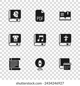 Set Microphone, Holy bible book, Daily paper notepad, Audio, Open, Law, PDF file document and History icon. Vector