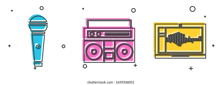 Set Microphone, Home stereo with two speakers and Sound or audio recorder on laptop icon. Vector