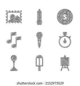 Set Microphone, Ice cream, Easel or painting art boards, Stopwatch, Joystick for arcade machine, Music note, tone, Casino chips and Postal stamp icon. Vector