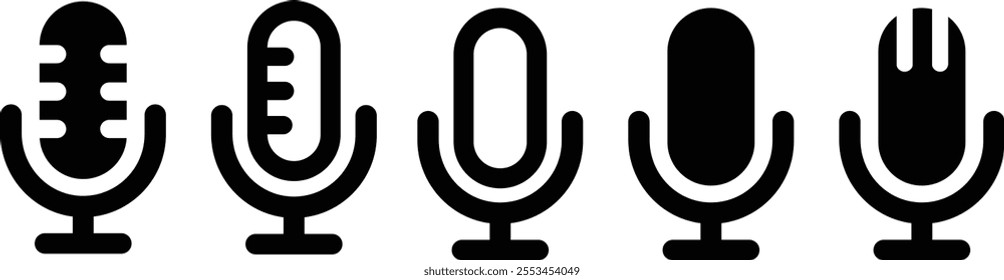 Set Microphone icon. Group Audio mic. Collection Studio table microphone. Podcast radio symbol. Flat and line icon vector