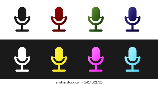 Set Microphone icon isolated on black and white background. On air radio mic microphone. Speaker sign. Vector Illustration
