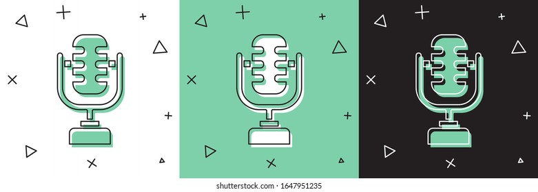 Ajuste el icono del micrófono aislado en fondo blanco y verde y negro. En el micrófono del micrófono de la radio de aire. Signo del altavoz.  Ilustración vectorial