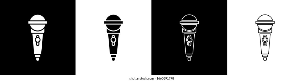 Set Microphone icon isolated on black and white background. On air radio mic microphone. Speaker sign.  Vector Illustration