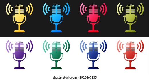 Set Microphone icon isolated on black and white background. On air radio mic microphone. Speaker sign.  Vector