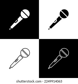 Set Microphone icon isolated on black and white background. On air radio mic microphone. Speaker sign.  Vector