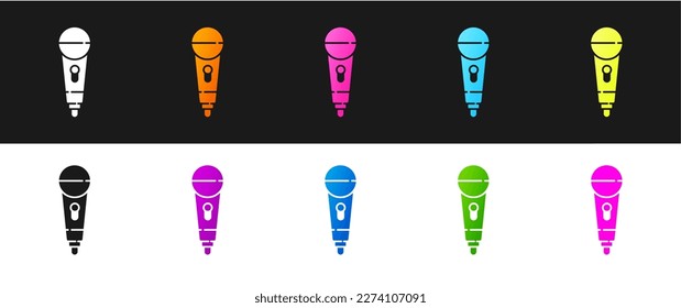 Set Microphone icon isolated on black and white background. On air radio mic microphone. Speaker sign.  Vector