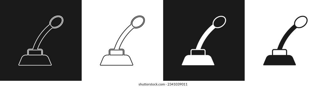 Establece el icono de micrófono aislado en el fondo blanco y negro. En el micrófono del micrófono del radio de aire. Firma del altavoz.  Vector