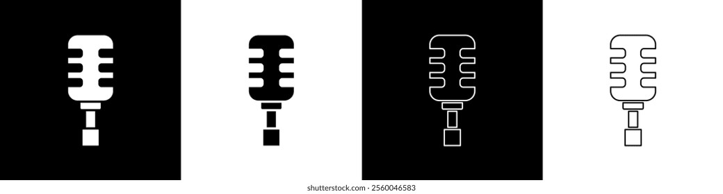 Set Microphone icon isolated on black and white background. On air radio mic microphone. Speaker sign.  Vector