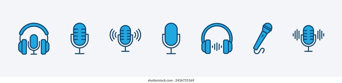 Set of microphone icon. Mic and headphone or headset for podcast, karaoke, audio voice, recording, broadcasting and entertainment. Vector illustration