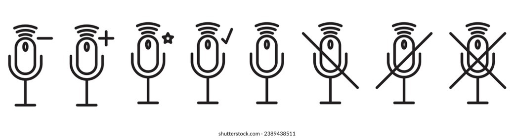 Juego de iconos de micrófono. Altavoz de micrófono, iconos de sonido de audio del micrófono. Micrófono de karaoke, el concepto de voz, vocal. Micrófono de podcast, vector.