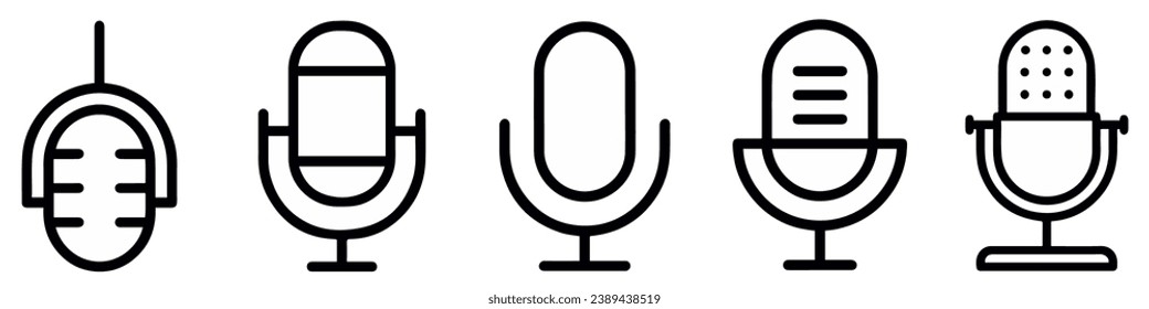 Juego de iconos de micrófono. Altavoz de micrófono, iconos de sonido de audio del micrófono. Micrófono de karaoke, el concepto de voz, vocal. Micrófono de podcast, vector.
