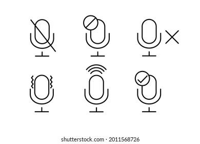 Set of microphone icon vector, speech, record, audio, mic, speak shout with noise symbol. Communicate, public, radio. Used for brand, logo and icon pack. Isolated background, Editable path stroke eps.