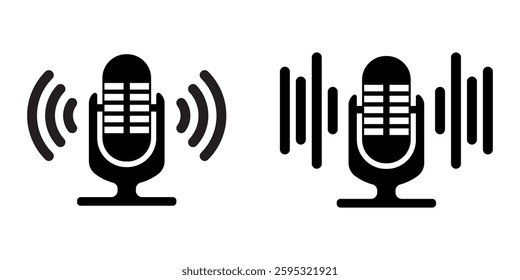 A set of microphone icons in black and white style, filled and stroke the line. Karaoke microphone. Podcast microphone. EPS 10. Vector illustrations