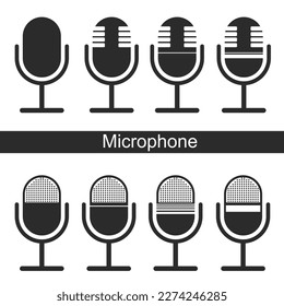 Un conjunto de iconos de micrófono resaltados en un fondo blanco. Icono de podcast. Icono de voz, grabación. El micrófono es el símbolo del estudio de grabación. icono de micrófono retro