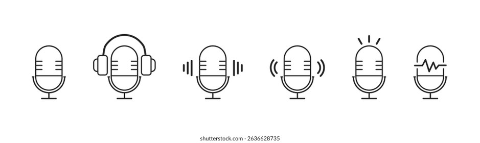 Set of microphone icons. Podcast microphone web icon, record, audio, sound, voice icons.