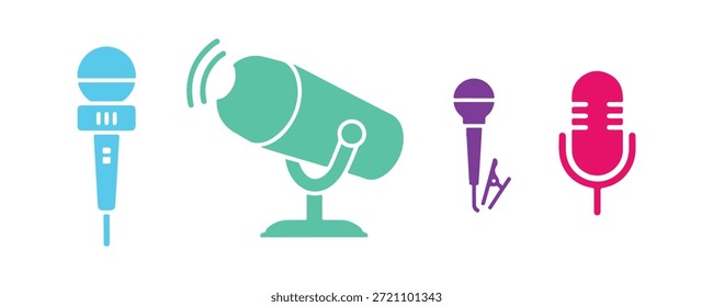 Conjunto de iconos de micrófono. Varios diseños de micrófonos. Micrófono de karaoke. Micrófono de podcast. Iconos para Web y móvil. Ilustración vectorial.