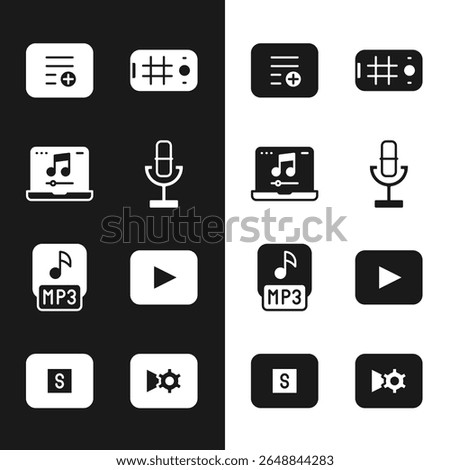 Set Microphone, Laptop with music, Add playlist, Selfie mobile, MP3 file, Play button, Music or video settings and Stop media icon. Vector