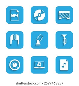 Set Microphone, Laptop with music, MP3 file document, Trumpet, Sound mixer controller, Air headphones, Guitar amplifier and MP4 icon. Vector