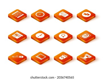 Ajuste micrófono, portátil, pantalla de proyección, burbuja de voz y exclamación, copa de café, vidrio de aumento, soporte de escenario e icono de plantilla de certificado. Vector