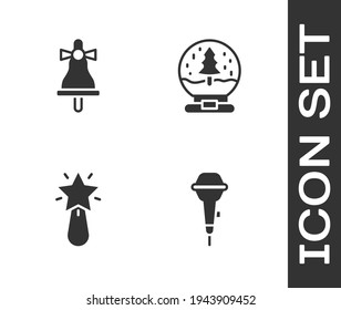 Set Microphone, Merry Christmas ringing bell, star and snow globe icon. Vector
