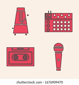 Set Microphone, Metronome with pendulum in motion, Drum machine and Retro audio cassette tape icon. Vector