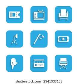 Set Microphone, Movie clapper, Director movie chair, Online play video, Retro cinema camera, spotlight, Cinema and ticket icon. Vector