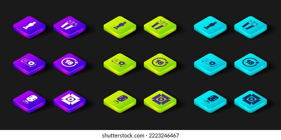 Set Microphone, Movie spotlight, Movie, film, media projector, Plus 18 movie, Popcorn in cardboard box and trophy icon. Vector