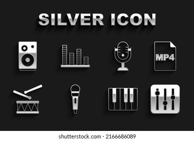 Set Microphone, MP4 file document, Sound mixer controller, Music synthesizer, Drum with drum sticks, Stereo speaker and equalizer icon. Vector