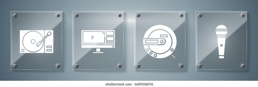 Set Microphone, Music CD player, Video recorder or editor software on monitor and Vinyl player with a vinyl disk. Square glass panels. Vector
