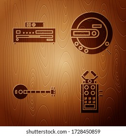 Set Microphone, Music CD player, Banjo and Music CD player on wooden background. Vector