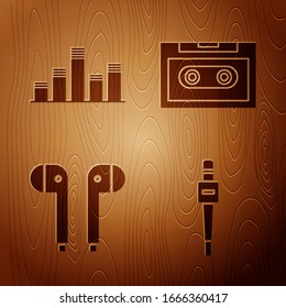 Set Microphone, Music equalizer, Air headphones and Retro audio cassette tape on wooden background. Vector