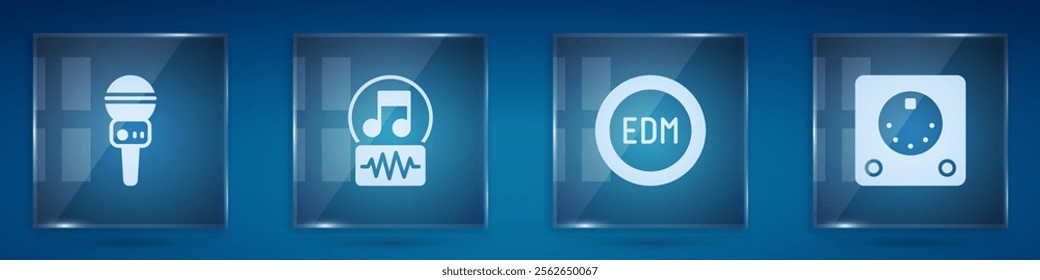 Set Microphone, Music note, tone, EDM electronic dance music and Drum machine. Square glass panels. Vector